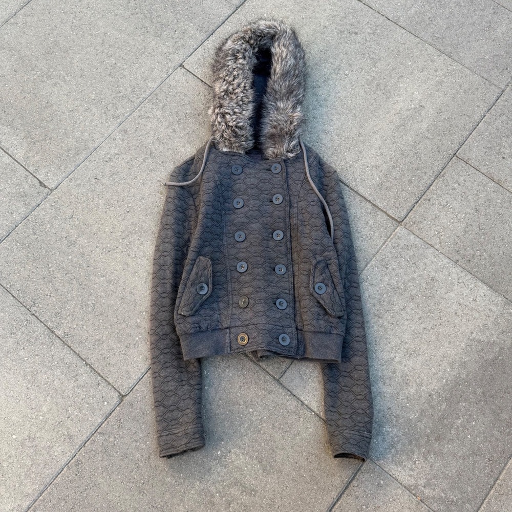 Forever 21 Gray Quilted Faux Fur Hooded Pea Coat Jacket Small